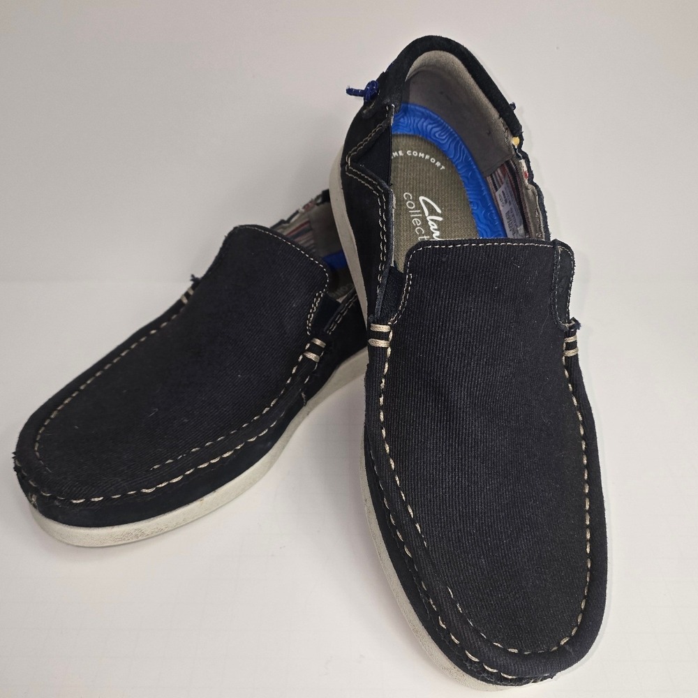 Clarks Shacre Lite Step Navy Blue Leather Textile Slip On Loafers Mens 9.5 M